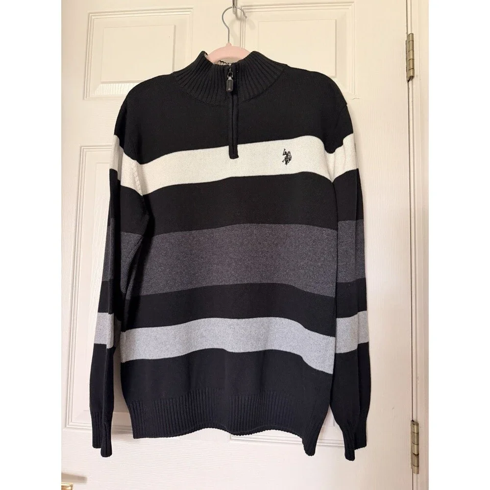 U.S. Polo Assn. Men’s L Quarter Zip Sweater Color Block Striped Cotton Blend